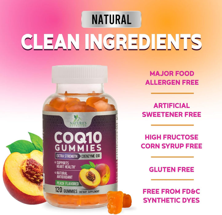 Nature's Nutrition CoQ10 Gummies 100mg â€“ High Absorption Coenzyme Q10 Supplement for Heart Health, Energy & Antioxidant Support â€“ Peach Flavor Gummy, Vegan, Non-GMO, Gluten Free â€“ 120 Count