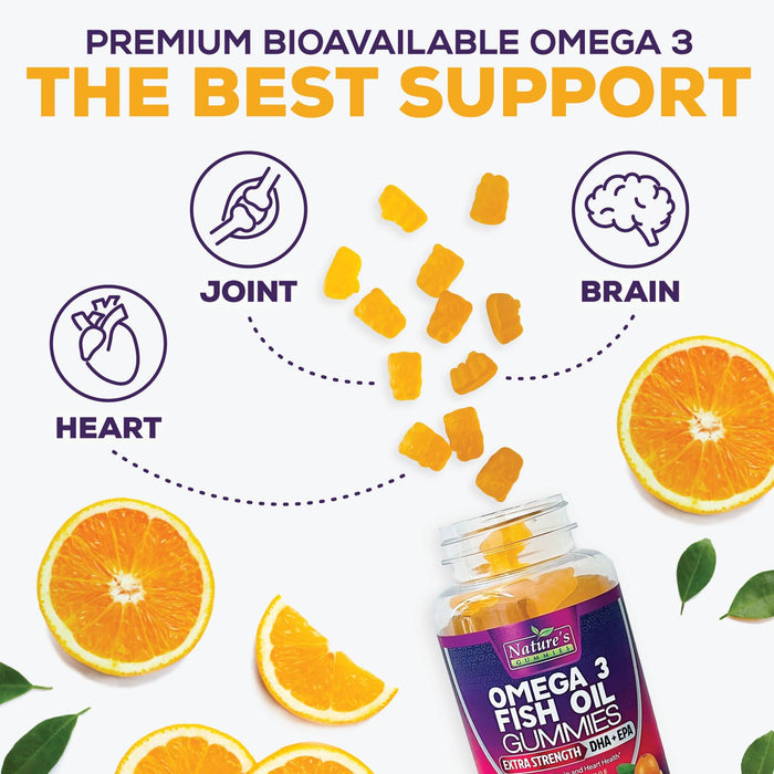 Omega 3 Fish Oil Gummies, Heart Healthy Omega 3 Gummy Supplement with High Absorption DHA & EPA, Extra Strength Joint & Brain Support, Delicious Orange Flavor Fish Oil Nature's Vitamin - 60 Gummies