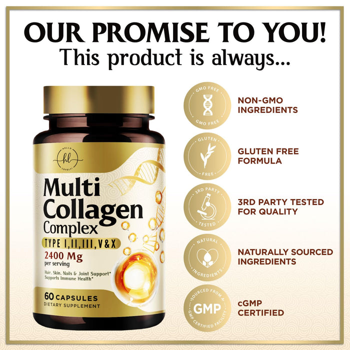Multi Collagen Peptides for Women â€“ 2400mg Best Hydrolyzed Collagen Complex with 5 Types (I, II, III, V, X) - Grass Fed â€“ Hair, Skin, Nail, Bone & Joint Support for Beauty & Wellness â€“ 60 Capsules