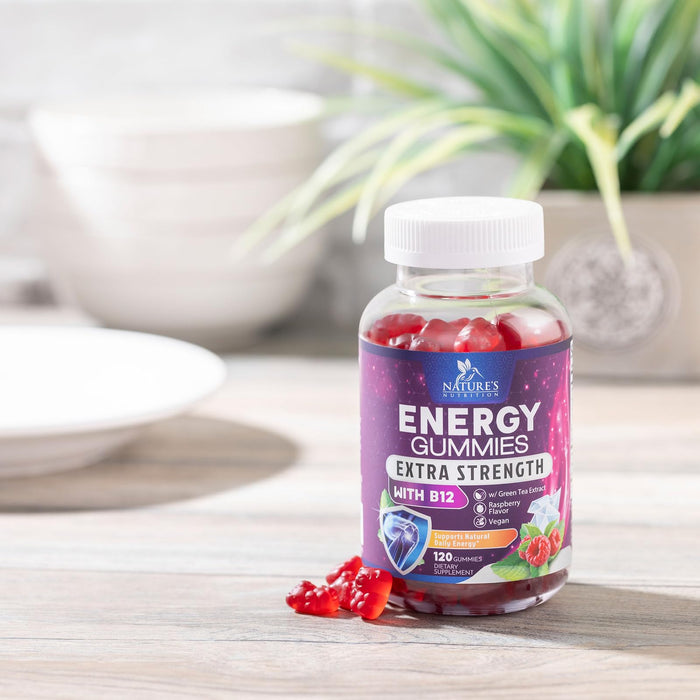 Energy Gummies 1000 mcg Vitamin B12, Green Tea Natural Caffeine Support, Daily Energy Gummies Vitamins, Delicious Berry Flavor B12 Chewable Exercise Supplement for Running Cycling & Sports - 120 Chews