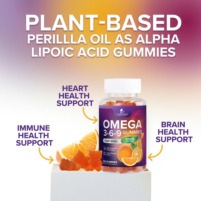 Omega 3 6 9 Vegan Gummies - Triple Strength Omega 3 Supplement Gummy - Essential Oil 369 Heart Support and Brain Support for Women, Men & Pregnant Women, Non-GMO, Orange Flavor - 120 Gummies