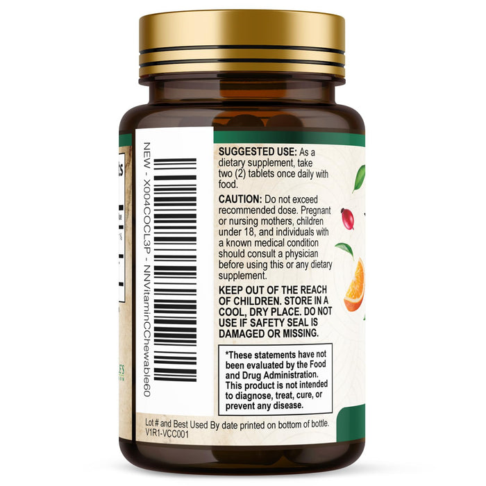 Vitamin C Chewable 1000mg - Extra Strength Antioxidants for Powerful Immune Support w/Vitamin C & Rose HIPS - Potent Dietary VIT C Chews Supplement, Natural, Vegan, Gluten-Free, Non-GMO - 60 Tablets