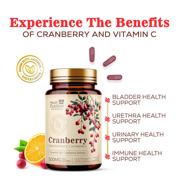 Cranberry Supplement Pills 25,000mg - High Potency Vitamin C Cranberry for Women & Men, Urinary Tract Health Support, Sugar Free, Gluten Free, Non-GMO, Cranberry Concentrate Extract - 60 Capsules