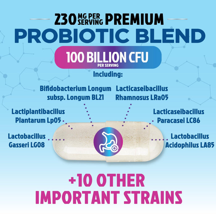 Probiotics 100 Billion CFU Supplement - 16 Strains + Natural Prebiotics - Digestive Health, Gut & Immune Support for Women & Men - Supports Occasional Constipation, Gas & Bloating - 30 Capsules