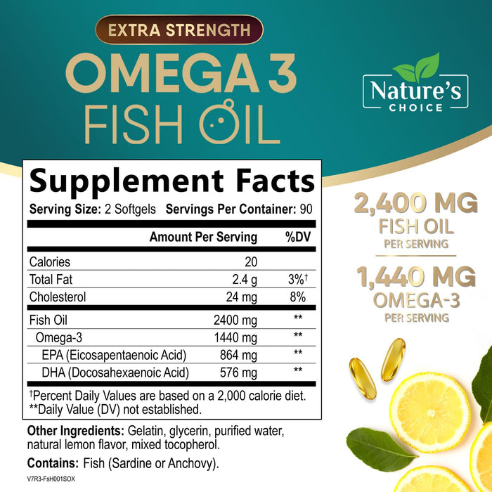 Omega 3 Fish Oil Supplement 2400 mg - Triple Strength EPA & DHA Fish Oil Omega 3, Essential Fatty Acids Supplement Softgels, Brain & Heart Health Support Supplements, Gluten Free Non-GMO, 180 Softgels