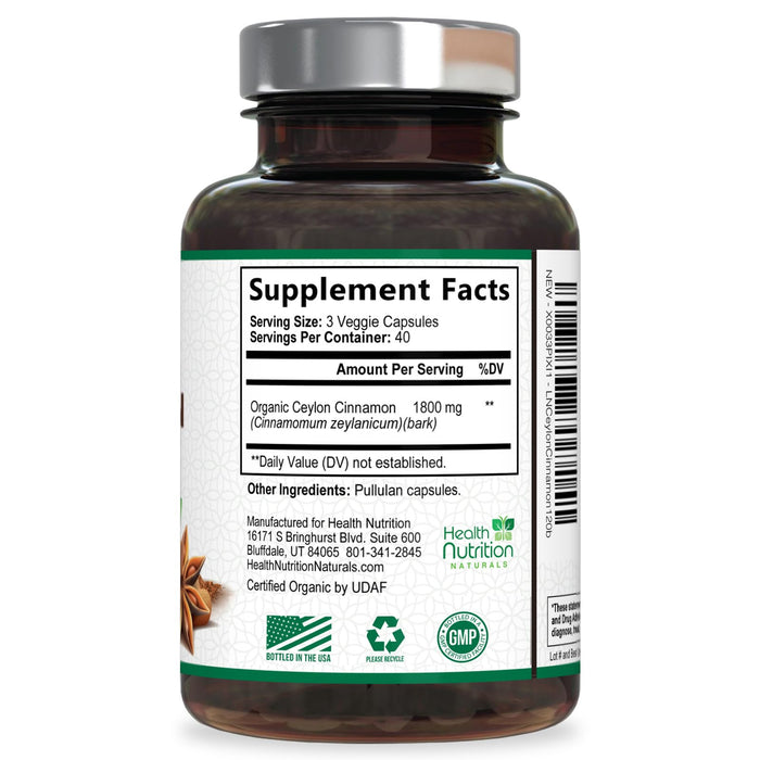 Ceylon Cinnamon Capsules 1800mg - Certified Organic Ceylon Cinnamon Powder Supplement, Bottled in USA, Extra Strength Energy & Heart Support Pills, Non-GMO & Gluten Free, Sugar Free - 120 Capsules