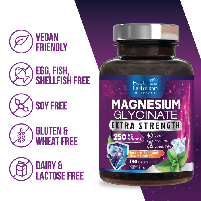 Magnesium Glycinate 250mg - 100% Chelated Magnesium for Max Absorption - Sleep Support, Muscle, Nerves, Bone & Heart Health Support, Best Mag Supplement, Vegan Non-GMO, 3rd Party Tested - 180 Tablets