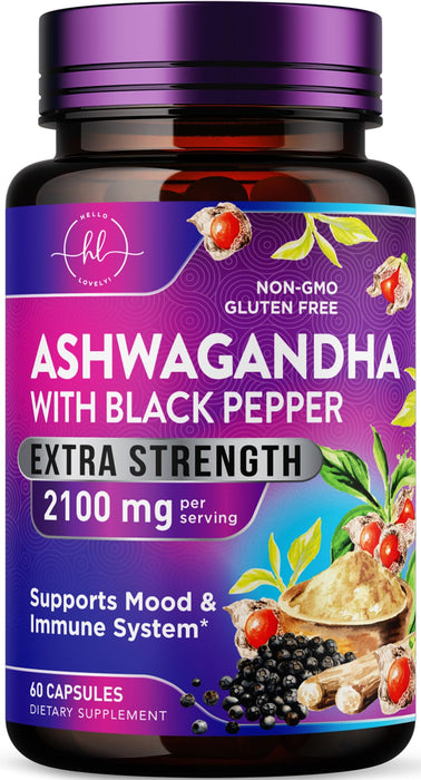 Ashwagandha 2,100 mg - Ashwagandha Supplements for Women in Veggie Capsules with Powder & Root Extract, Black Pepper for High Absorption, Plant Based, Non-GMO, Bottled in the USA - 60 Veggie Capsules