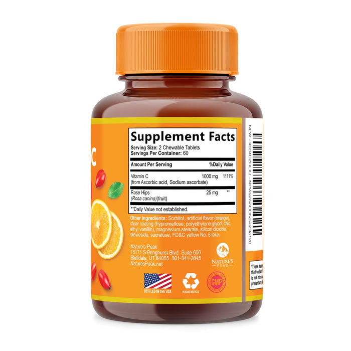 Vitamin C 1000mg Chewable Supplement - Extra Strength Immune Support Vitamin C Dietary Supplement with Rose HIPS, Nature's VitaminC Antioxidant Support, Natural, Vegan, Orange Flavor - 120 Tablets