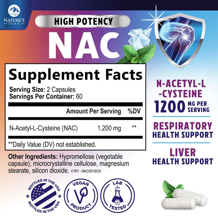 N-Acetyl Cysteine (NAC) 1200 mg – Premium Antioxidant & Immune Support - Glutathione Precursor for Liver, Lung & Respiratory Support – Nature's Fast Absorption, Non-GMO, Gluten-Free - 120 Capsules