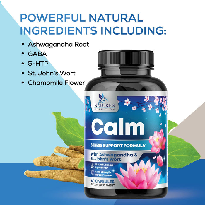 Natural Calm, Unwind & Relax Support with Ashwagandha, GABA, Magnesium, 5-HTP, L-Theanine & B Vitamins, Natural Focus, Energy & Immune Support - Nature's Non-GMO, Vegan, Gluten Free - 60 Capsules