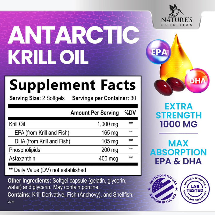 Krill Oil Omega 3 Supplement - 1000 mg with Astaxanthin Sourced from Red Krill, Antarctic Krill Oil with Omega 3 EPA, DHA, Triple Strength Brain Health Immune Support with Phospholipids - 60 Softgels