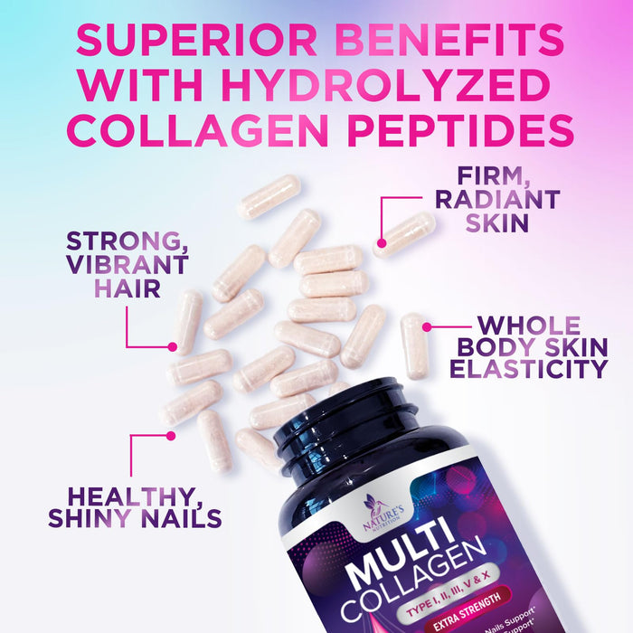 Multi Collagen Peptides Supplement - Hydrolyzed Types I, II, III, V & X Multi Collagen Pills, Hydrolyzed Collagen Peptides Supplements, Hair, Skin, Nail, and Joint Support Supplement, 240 Capsules