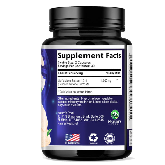 Lions Mane Mushroom Capsules 10,000mg - Lion’s Mane Supplement Capsules for Memory and Focus Support, Brain, Immune Health Support, Vegan, Bottled in USA, Lions Mane Mushroom Powder Extract, 60 Count