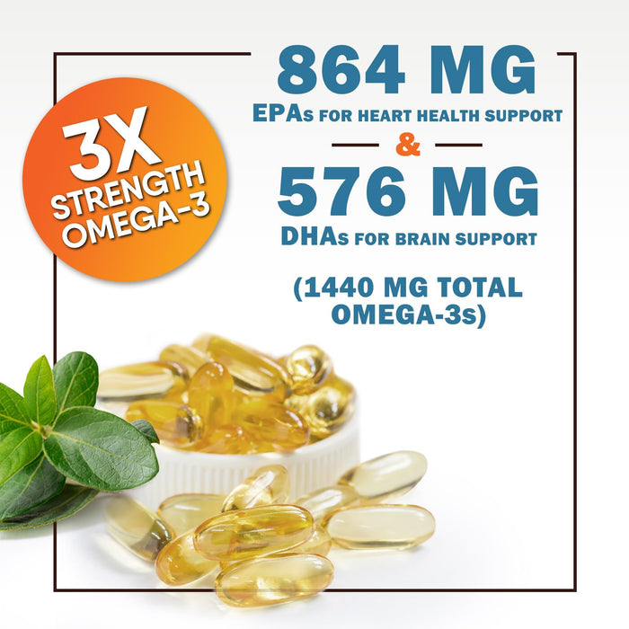 Omega 3 Fish Oil 2400 mg â€“ Triple Strength EPA & DHA Fatty Acids for Heart, Brain & Joint Support â€“ Wild-Caught, Burpless, Lemon Flavor Supplement â€“ Natural, Non-GMO, Gluten-Free â€“ 120 Softgels