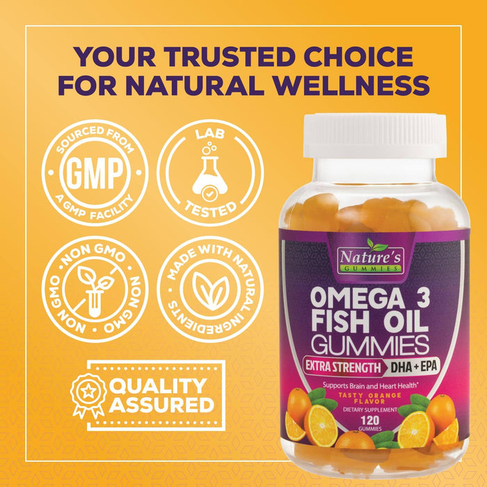 Omega 3 Fish Oil Gummies, Heart Healthy Omega 3 Gummy Supplement with High Absorption DHA & EPA, Extra Strength Joint & Brain Support, Delicious Orange Flavor Fish Oil Nature's Vitamin - 120 Gummies