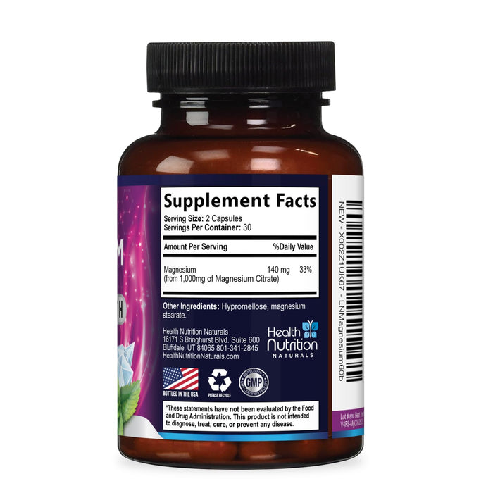 Magnesium Citrate Capsules 1000mg - Max Absorption Magnesium Powder for Muscle, Nerve, Bone and Heart Health Support, High Absorption Citrate Complex, Gluten Free, Non-GMO - 60 Capsules