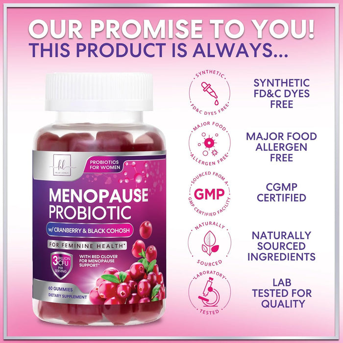 Menopause Supplements for Women Gummies with Black Cohosh, Cranberry 3 Billion CFU Probiotics - Complete Menopause Balance Relief for Hot Flashes, Night Sweats, PH, Vaginal Health Support - 60 Gummies