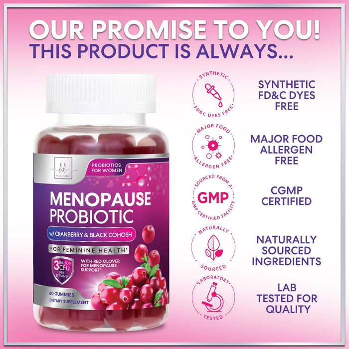 Menopause Supplements for Women Gummies with Black Cohosh, Cranberry 3 Billion CFU Probiotics - Complete Menopause Balance Relief for Hot Flashes, Night Sweats, PH, Vaginal Health Support - 60 Gummies