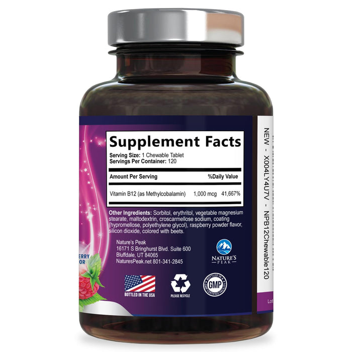 Vitamin B12 1000 mcg (Methylcobalamin) Super B 12 Complex Dietary Supplement for Energy & Immune Support, Vegan, Sugar-Free, Sublingual, Tasty Raspberry Flavor - 120 Chewable Tablets, 120 Day Supply