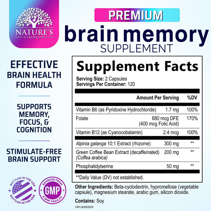 Brain Memory Supplement Pills - Nootropics Support for Concentration, Clarity, Alertness & Focus - Brain Health with Bacopa, Cognitive Vitamins, Phosphatidylserine, DMAE - Brain Booster - 240 Capsules