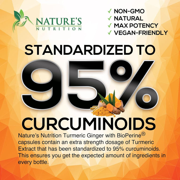 Turmeric Curcumin Supplement 2600mg with Organic Ginger & Turmeric, BioPerine Black Pepper Extract 95% Curcuminoids - Advanced Absorption Joint & Antioxidant Extra Strength Support - 60 Capsules