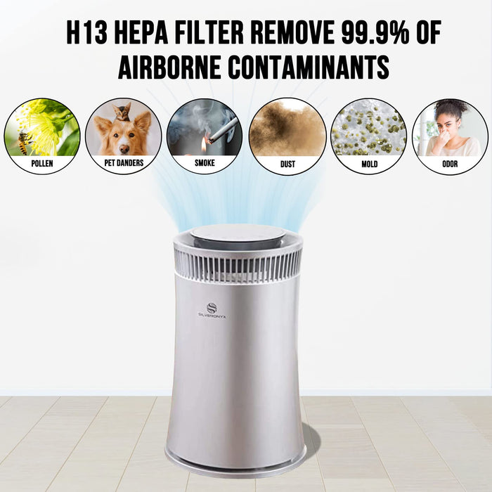 Air Purifier for Home Large Room â€“ Covers Up to 500 Sq Ft, 5-in-1 HEPA Filter System for Allergies, Pets, Smoke, Remove Dust & Odor â€“ Quiet Sleep Mode, High Filtration Efficiency â€“ SILVERONYX, Silver