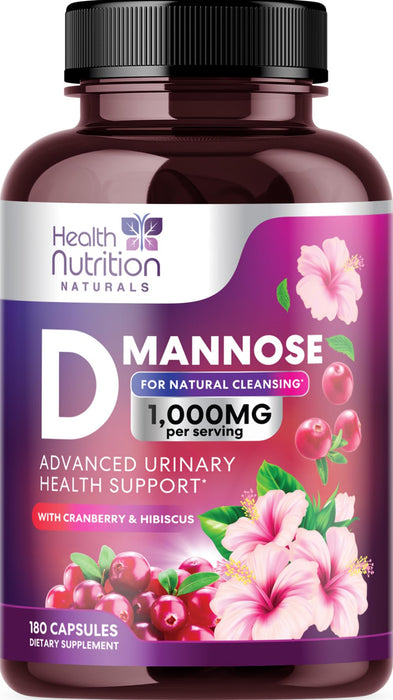 D-Mannose Supplement 1,000mg - with Cranberry, Hibiscus & Dandelion - Fast-Acting, Natural Urinary Tract & Bladder Support for Women & Men – Flush & Cleanse Impurities – Non-GMO, Vegan – 180 Capsules