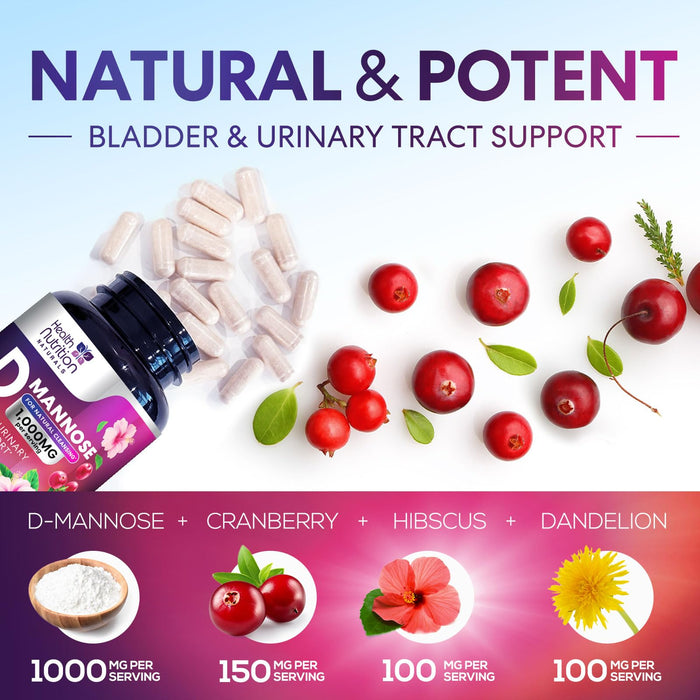 D-Mannose Supplement 1,000mg - with Cranberry, Hibiscus & Dandelion - Fast-Acting, Natural Urinary Tract & Bladder Support for Women & Men – Flush & Cleanse Impurities – Non-GMO, Vegan – 180 Capsules