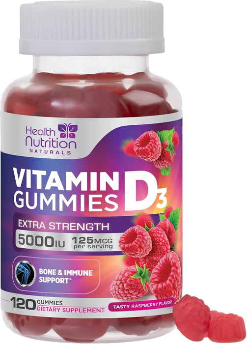 Vitamin D3 Gummies 5000 IU (125 mcg) - Extra Strength Immune Support, Bone, Teeth and Muscle Vitamin D Gummy Dietary Supplement, Nature's Berry D Vitamin Supplement, Raspberry, Non-GMO - 120 Gummies