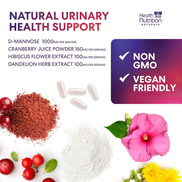 D-Mannose Supplement 1,000mg - with Cranberry, Hibiscus & Dandelion - Fast-Acting, Natural Urinary Tract & Bladder Support for Women & Men – Flush & Cleanse Impurities – Non-GMO, Vegan – 180 Capsules