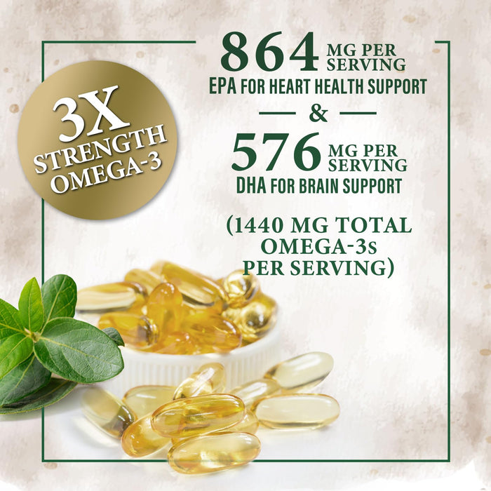 Omega 3 Fish Oil Pills 2400mg - Triple Strength Omega 3 Fish Oil Supplements - Best EPA & DHA Fatty Acids for Brain & Heart Health Support, Nature's Omega3 Supplement, 60 Day Supply - 120 Softgels