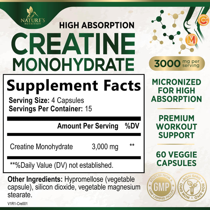 Creatine Monohydrate Capsules 3000mg â€“ Best Micronized Creatine Powder - Supports Lean Muscle, Strength, Energy, & Endurance - Nature's Supplement, Non-GMO, Gluten Free for Women & Men - 60 Capsules