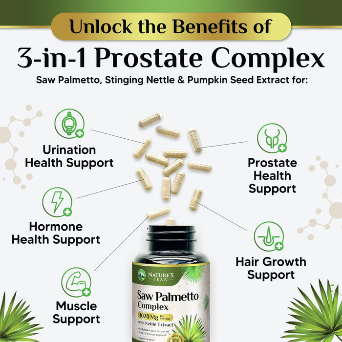 Saw Palmetto for Men Prostate Supplement - Potent 3X Formula with Stinging Nettle + Pumpkin Seed Extract for Men's Health, Herbal Prostate Supplement for Urinary Support, Bottled in USA, 60 Capsules