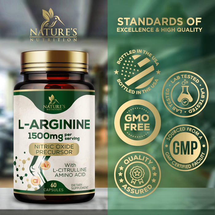 L-Arginine Supplement 1000mg with L-Citrulline - Heart Health Support - Muscle Supporting Nitric Oxide Precursor Booster for Extra Strength - Non-GMO Amino Acid Energy Blend For Men - 60 Capsules