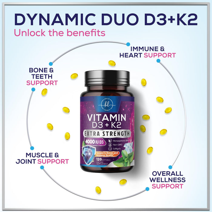 Vitamin D3 K2 - Vitamin D3 (5000 iu) & 100 mcg Vitamin K2 (MK-7) Complex for Immune Support & Bone, Teeth & Muscle Health - Easy to Swallow, Gluten Free, Non-GMO, Bottled in USA - 120 Softgels