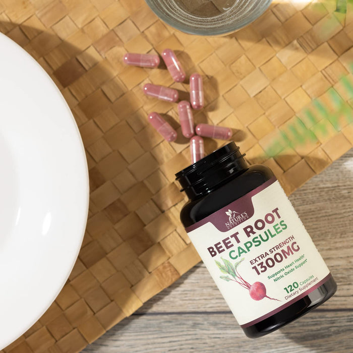 Beet Root Capsules 1300mg - Extra Strength Red Beetroot Powder Supplement â€“ Supports Nitric Oxide Production, Heart Health & Natural Energy â€“ Non-GMO, Vegan, Gluten Free â€“ 120 Veggie Capsules