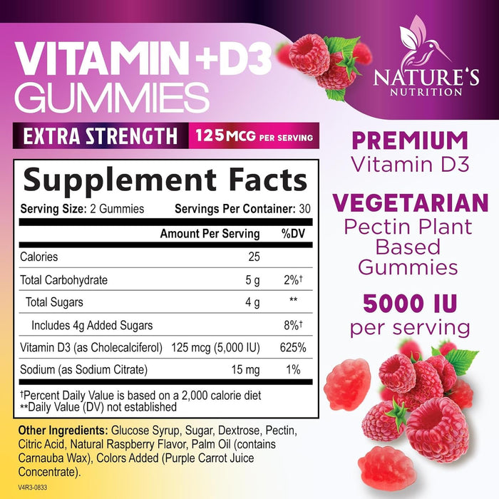 Vitamin D3 Supplement Gummy 5000 IU (125 mcg) Dietary Vitamins D for Men & Women - Bone, Teeth, Muscle and Immune Health Support, High Potency VIT D3 Nature's Non-GMO & Gluten Free - 60 Gummies