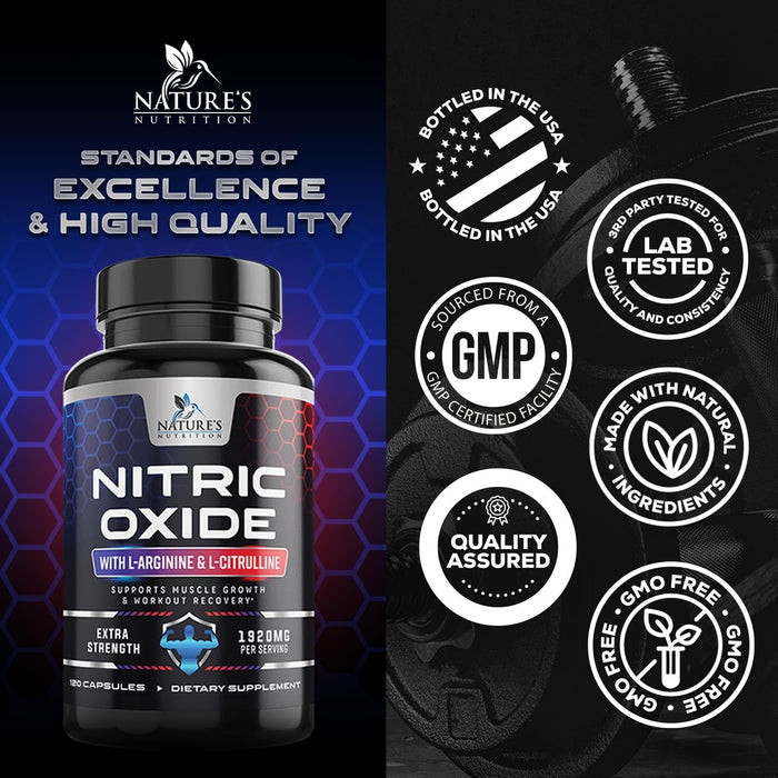 Nitric Oxide Booster Extra Strength 3000mg - L Arginine 3X Strength Nitric Oxide Supplements for Men and Women, Citrulline, Supports Muscle, Heart Health & Energy Supplement, Non-GMO - 120 Capsules