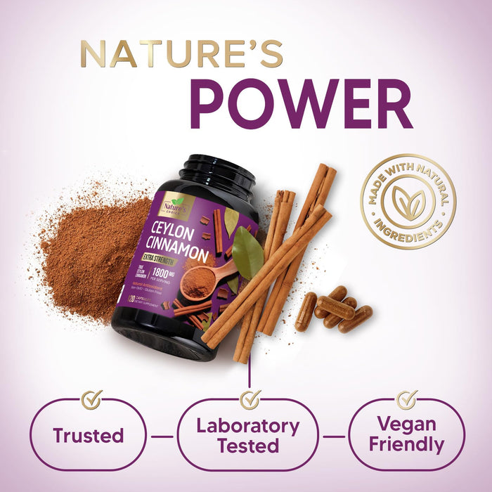 Ceylon Cinnamon Capsules 1800mg - Certified Organic Cinnamon, Bottled in USA, & Pure Extra Strength Ceylon Cinnamon Supplement, Antioxidant Pills, Non-GMO & Gluten Free, Sugar Free - 120 Capsules