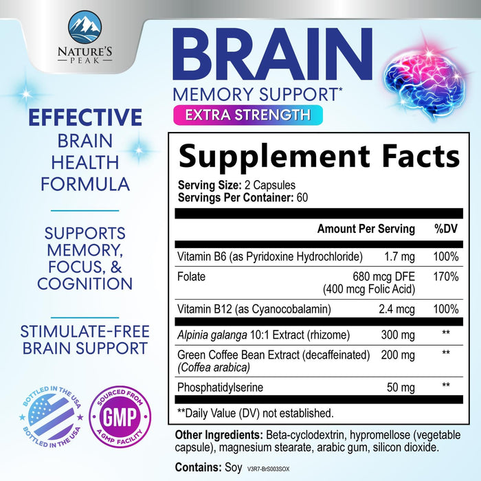 Brain Memory Supplement Pills - Nootropics Support for Concentration, Clarity, Alertness & Focus - Brain Health with Bacopa, Cognitive Vitamins, Phosphatidylserine, DMAE - Brain Booster - 120 Capsules