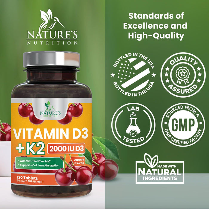 Vitamin D3 K2 2000 IU Plus with K2 (MK-7) 75 mcg - Vitamins D & K Complex Supplement for Bone, Teeth, Muscle, Calcium Absorption, Supports Immune & Heart Health, Non-GMO Chewable Formula - 120 Tablets