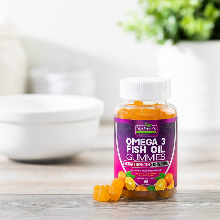 Omega 3 Fish Oil Gummies, Heart Healthy Omega 3 Gummy Supplement with High Absorption DHA & EPA, Extra Strength Joint & Brain Support, Delicious Orange Flavor Fish Oil Nature's Vitamin - 60 Gummies