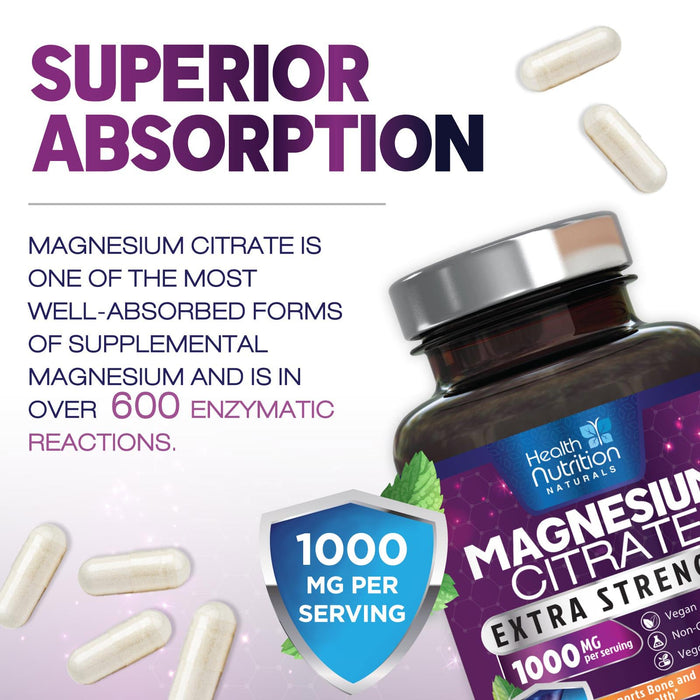 Magnesium Citrate Capsules 1000mg - Max Absorption Magnesium Powder for Muscle, Nerve, Bone and Heart Health Support, High Absorption Citrate Complex, Gluten Free, Non-GMO - 60 Capsules