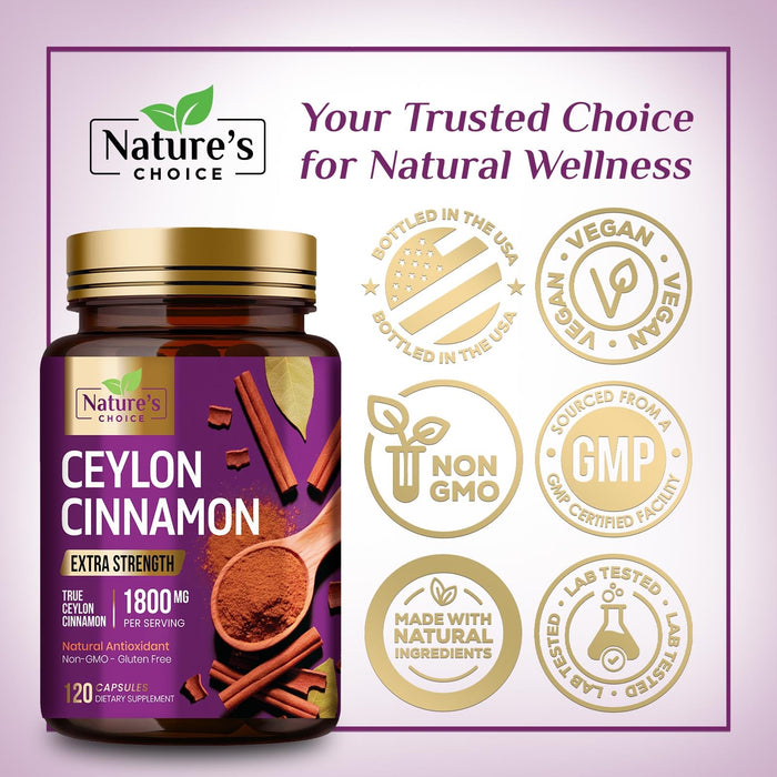Ceylon Cinnamon Capsules 1800mg - Certified Organic Cinnamon, Bottled in USA, & Pure Extra Strength Ceylon Cinnamon Supplement, Antioxidant Pills, Non-GMO & Gluten Free, Sugar Free - 120 Capsules