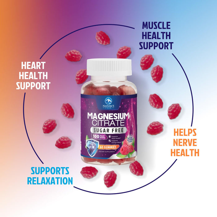 Magnesium Citrate Supplement Gummies Sugar-Free, High Absorption Magnesium Gummy Supplements for Women & Men, Supports Sleep, Heart Health, Bones and Muscles, for Relaxation & Digestion - 60 Gummies