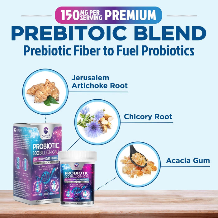 Probiotics 100 Billion CFU Supplement - 16 Strains + Natural Prebiotics - Digestive Health, Gut & Immune Support for Women & Men - Supports Occasional Constipation, Gas & Bloating - 30 Capsules