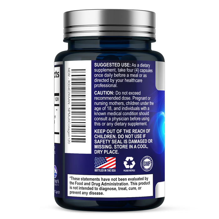 Multi Collagen Peptides Supplement for Hair, Nail, Skin - Type I, II, III, V, X, Collagen Powder Pills - Grass-Fed, Hydrolyzed for Bone and Joint Support for Women & Men, Non-GMO - 120 Capsules