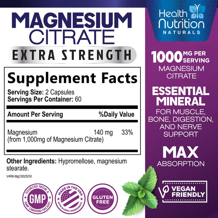 Magnesium Citrate Capsules 1000mg - Max Absorption Magnesium Powder for Muscle, Nerve, Bone and Heart Health Support, High Absorption Citrate Complex, Gluten Free, Non-GMO - 120 Capsules