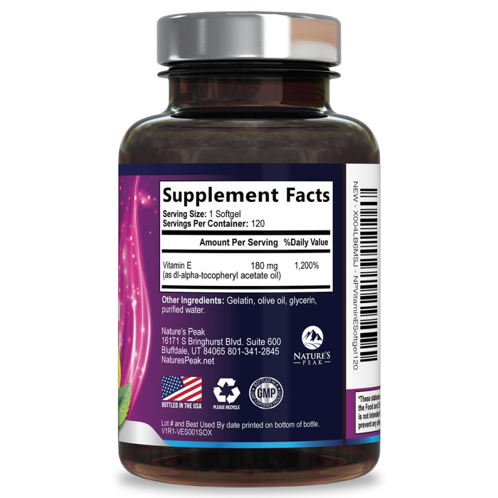 E Vitamin for Women and Men - 180 mg (400 IU) dl-Alpha - Effective Antioxidant Dietary Supplement - Hair, Skin, & Immune Health Support - Easily Absorbed Form, Non-GMO & Gluten Free - 120 Softgels